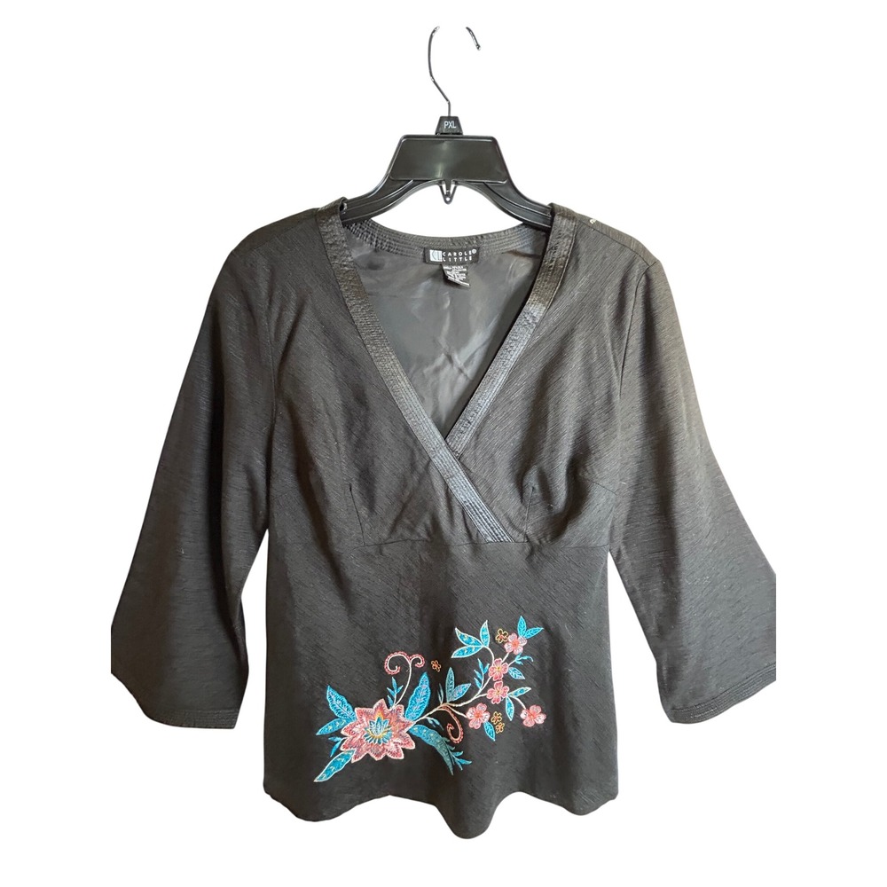 Carole Little Top Size M Black Silk Blend Floral Embroidered V-Neck Women